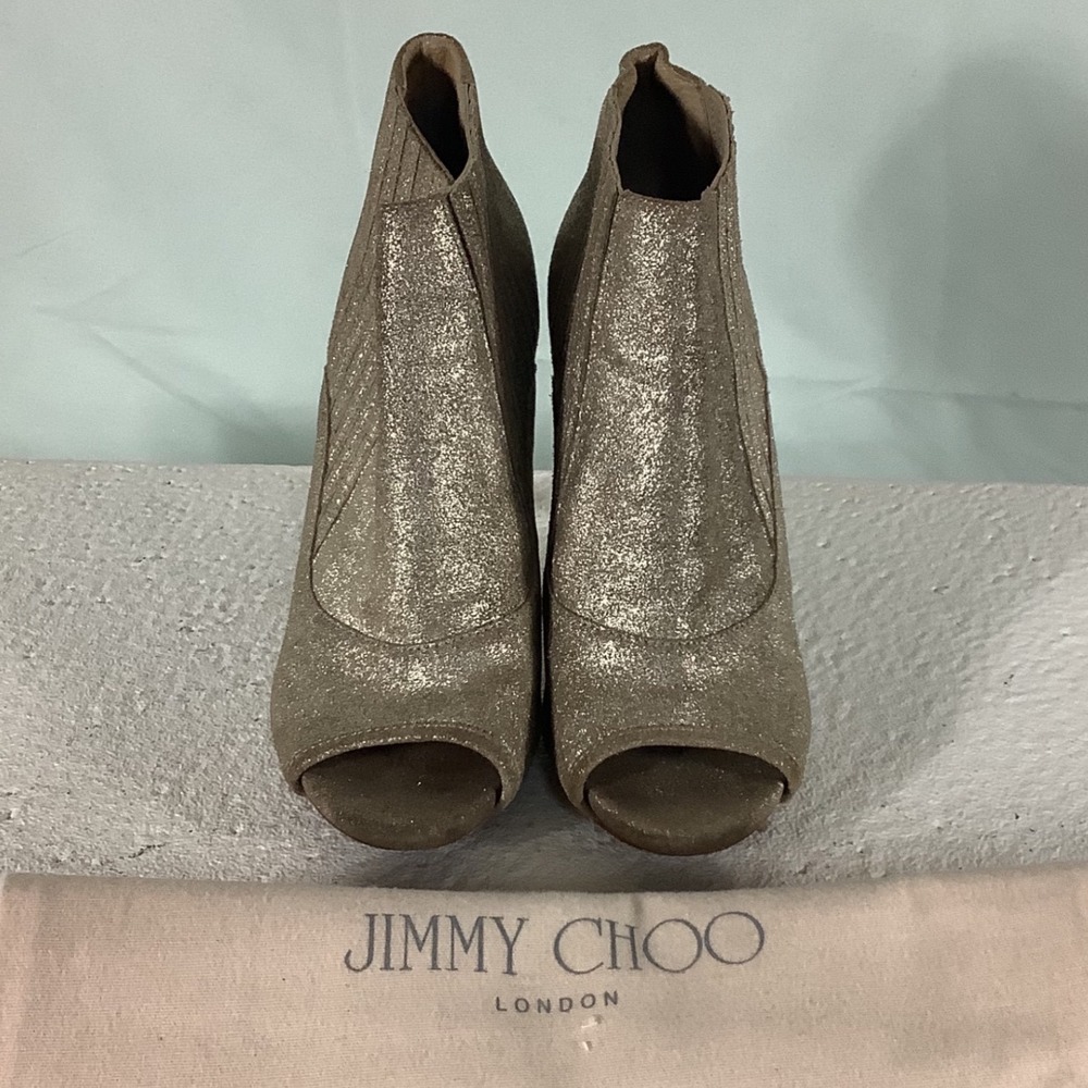 Jimmy Choo Champagne Gold Glitter Peep Toe Ankle Boots Stiletto Heels Size 36.5
